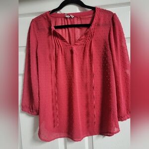 Elle - 3/4 Length Sleeves, Swiss Dots, Tie Neck, Sheer Blouse-Size M